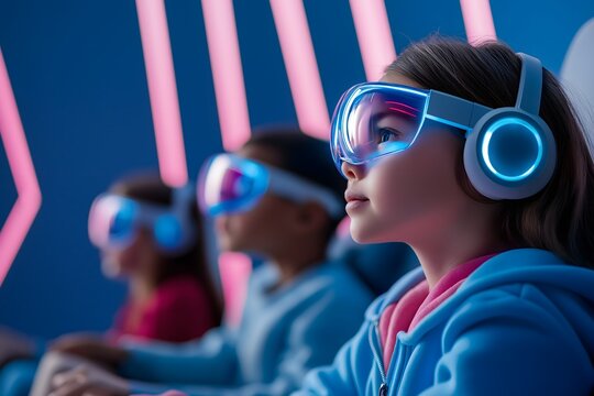 Generation Alpha and trends concept: Neon-lit futuristic classroom filled with diverse children using holographic devices, Generation Alpha, education technology trends.