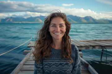Fototapeta premium A Woman Walking on a Pier with Ocean Waves made generative AI