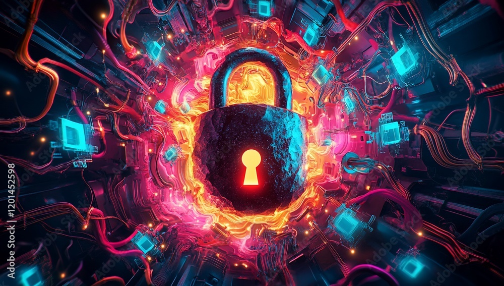 Poster Abstract Cyberpunk Padlock Digital Security Data Encryption Concept Art