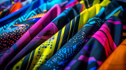 A set of professional esports jerseys neatly folded, with vibrant patterns and clean stitching visible. The design highlights team spirit.