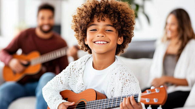 Son and Parents Playing Ukulele and Guitar Together, African American Boy Enjoying Family Music Time, Smiling and Learning at Home, Acoustic Stringed Instrument Fun.