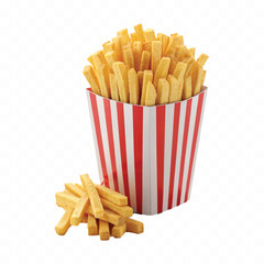 abstract 3d crispy French fries in striped container or red bucket isolated on white background