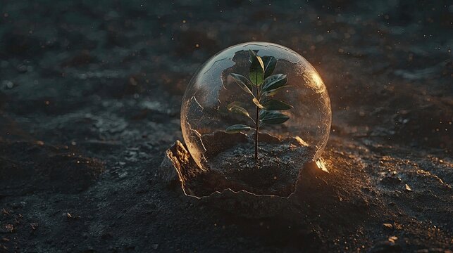 A glowing green sapling enclosed in a transparent sphere, symbolizing sustainability, protection, and the fragility of life in a dark, textured environment. Generative AI.