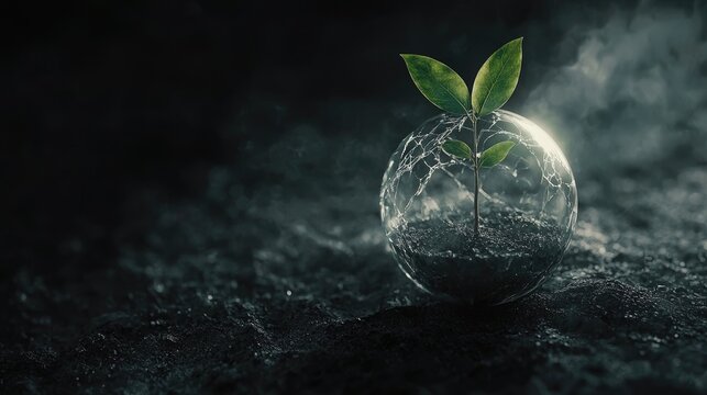 A glowing green sapling enclosed in a transparent sphere, symbolizing sustainability, protection, and the fragility of life in a dark, textured environment. Generative AI.