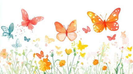 Colorful butterflies fluttering over a vibrant flower garden in springtime