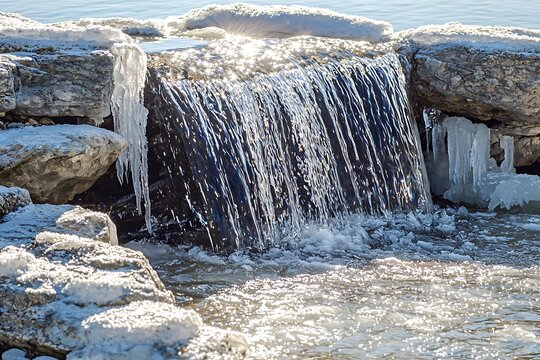 Frozen waterfall cascading over icy rocks, sparkling in winter sunlight,