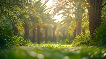 Fototapeta premium Sunlit Oasis of Date Palms,Serene Natural Ambiance with Filtered Sunlight