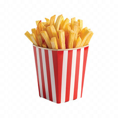 abstract 3d crispy French fries in striped container or red bucket isolated on white background