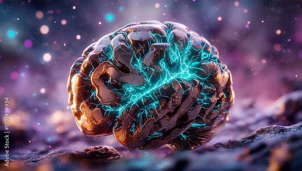Poster abstract metallic brain with glowing neural pathways futuristic neuro science concept