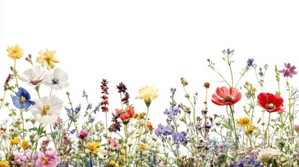 Fototapeta premium Vibrant Collection of Wildflowers in Various Colors Against a Soft White Background for Nature and Floral Themes