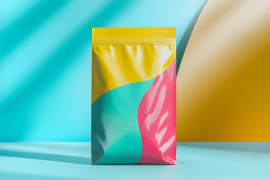 A gusset pouch mockup with a colorful design, featuring smooth textures and vibrant colors to highlight packaging ideas.