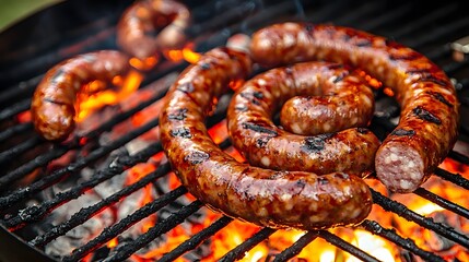 Fototapeta premium Spiraled Grilled Sausages on the Grill with Glowing Embers Beneath