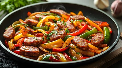 Sizzling Smoked Sausage and Vibrant Bell Pepper Stir-Fry Dish on Rustic Pan