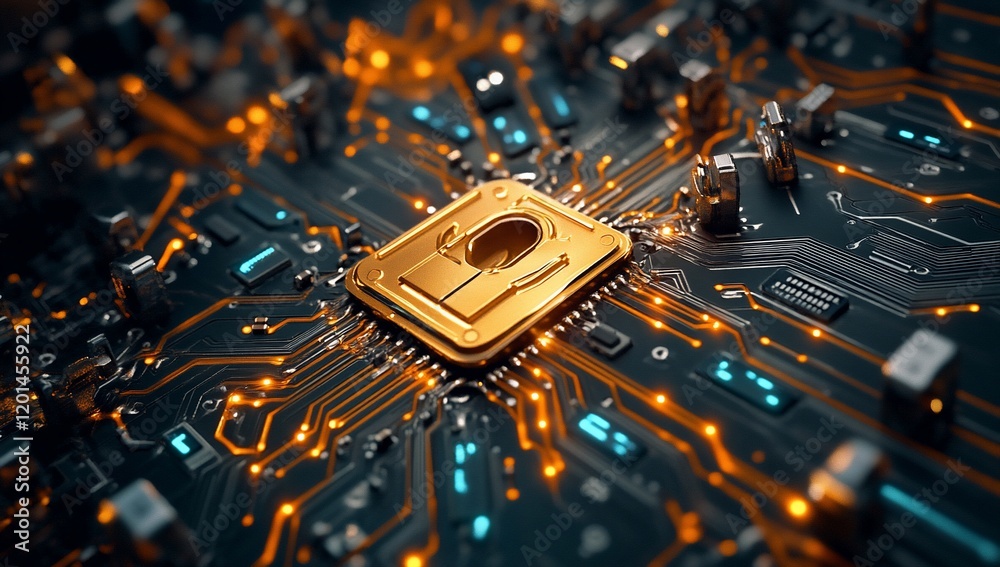 Aufkleber Secure Data Encryption Golden Padlock on Illuminated Circuit Board