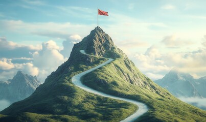 A winding road ascends a steep, isolated mountain peak topped with a flag, symbolizing the challenging journey to success