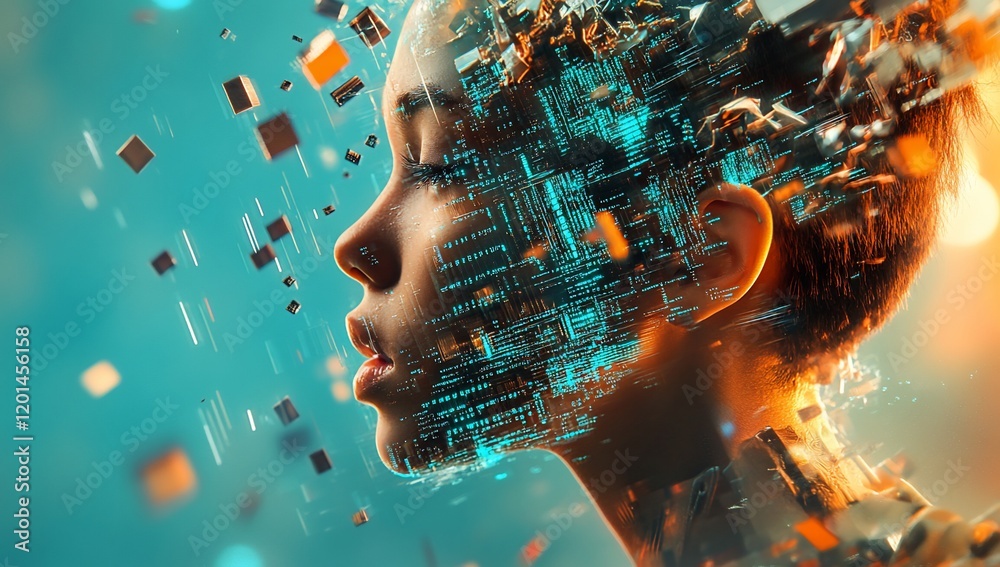 Poster Futuristic Child Profile with Digital Data Stream Overlay AI Technology Innovation Concept