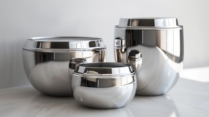 A set of stainless steel containers with shiny, reflective surfaces and snug-fitting lids. Their modern aesthetic emphasizes durability and style.