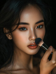 Obraz premium Beautiful Southeast Asian female model applying makeup soft brush elegance modern beauty trends luxurious, studio lit flawless skin fashion aesthetic wall art chic girl stylish soft woman atrractive