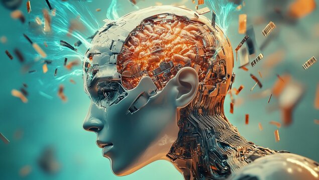 Futuristic Cyborg Woman Head with Exploding Circuitry and Brain AI Technology Concept