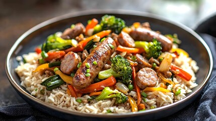 Fototapeta premium Sausage and Vegetable Stir-Fry on Jasmine Rice,Modern and Flavorful Culinary Dish