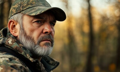 A mature man with a beard wearing camouflage and a cap looks seriously towards the side, embodying a sense of vigilance and alertness in an outdoor setting