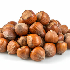 Obraz premium A pile of fresh hazelnuts, showcasing their brown, textured shells, isolated on a white background
