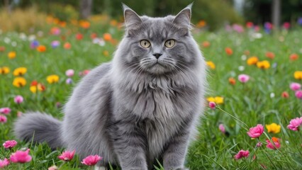 Blue british longhair cat in flower field