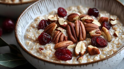 Fototapeta premium Fragrant Creamy Oatmeal with Tart Cherries and Crunchy Pecans in Minimalist Setting