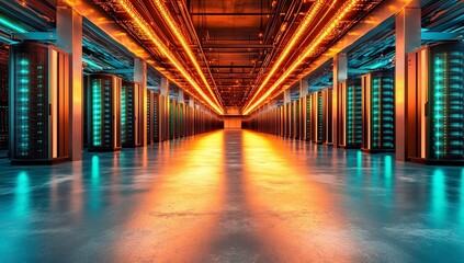 Modern Data Center Server Room with Illuminated Racks and Polished Floor