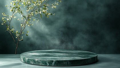Green marble podium with plant branch on dark background.