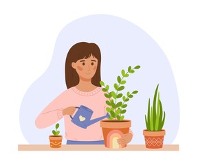 Woman is watering plant. Female character is taking care of plants. 