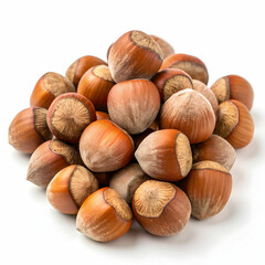 A pile of fresh hazelnuts, showcasing their brown, textured shells, isolated on a white background