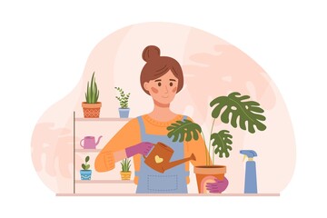 Woman is watering plant. Female character is taking care of plants. 