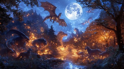 Obraz premium Mythical creatures celebration under the full moon enchanted glade fantasy artwork magical atmosphere nighttime viewpoint vibrant enchantment