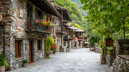 Stone village street, mountain backdrop, summer, cobblestone, travel