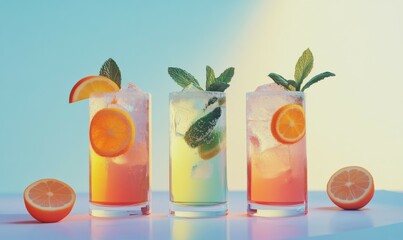 A refreshing scene with three colorful drinks in tall glasses, garnished with mint leaves and citrus, against a soothing pastel background for a summer refreshment vibe