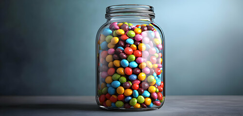 A large glass jar mockup, filled with colorful candy, ideal for confectionery or gifting product displays.