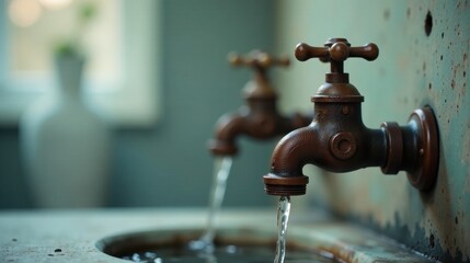 Rustic bronze faucets dispensing water into a weathered basin, a study in contrasting textures and tones