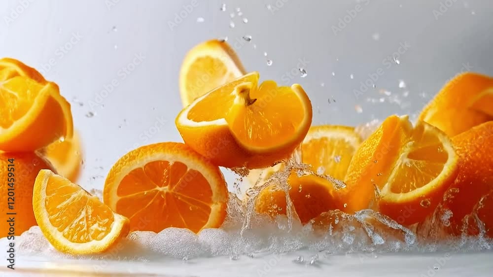 Aufkleber Fresh oranges are splashing through water, creating a vibrant display of color and texture. The scene captures the essence of a juicy explosion that emphasizes the fruit's freshness and appeal.
