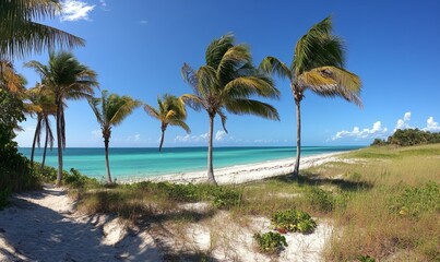 Fototapeta premium A serene sandy tropical beach with palm trees swaying gently in the breeze and a turquoise ocean stretching into the horizon, ocean, tree