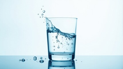 Refreshing Glass of Water with Splashing Bubbles and Droplets on a Smooth Surface