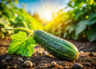 Obraz premium Ripe Cucumber Growing in Garden - Organic Vegetable Farming Stock Photo