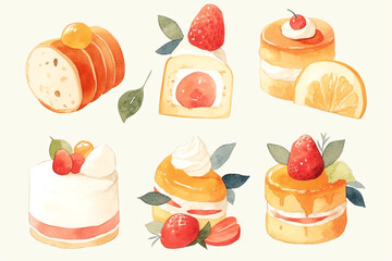 Delight in this watercolor collection of decadent pastries and cakes, topped with strawberries