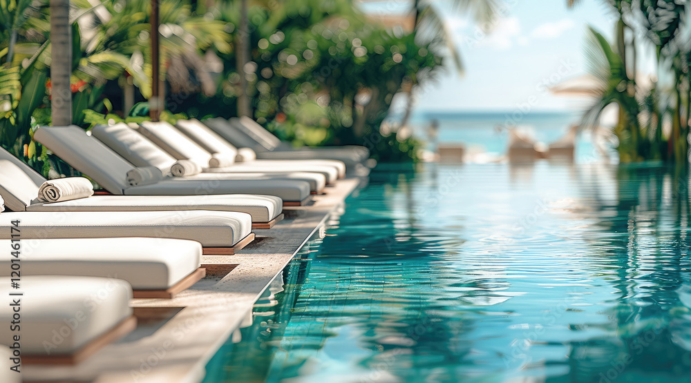 Poster a row of luxurious beach lounge chaises neatly aligned in front of a serene swimming pool at a high-