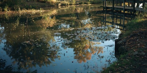 A serene pond reflecting autumn foliage and a wooden dock, creating a tranquil natural scene.