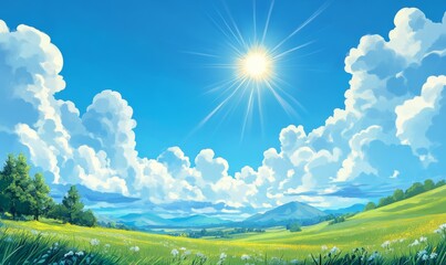 Fototapeta premium A vibrant blue summer sky with a radiant sun shining down, sunny day, serene landscape, blue summer sky