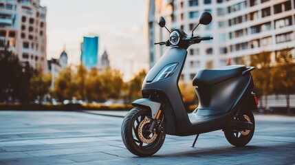 A modern electric scooter parked in an urban environment, symbolizing sustainable and efficient commuting, Urban mobility scene