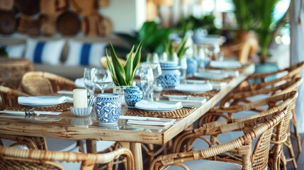 Chic coastal dining setup with elegant blue pottery and lush greenery on a rustic wooden table