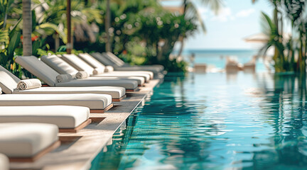 A row of luxurious beach lounge chaises neatly aligned in front of a serene swimming pool at a high-end hotel, surrounded by tropical plants, soft sunlight reflecting on the pool surface, ocean view.