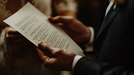 Groom holds handwritten vows during intimate ceremony in elegant venue